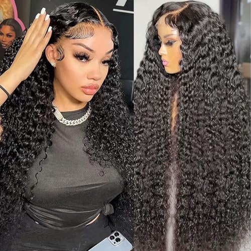 18 Inch Deep Wave Lace Front Wigs Human Hair 13x6 HD Lace Front Wigs Human Hair for Women Natural Color Deep Curly Human Hair Wig 180% Density Transparent Lace Frontal Wig Pre Plucked with Baby Hair